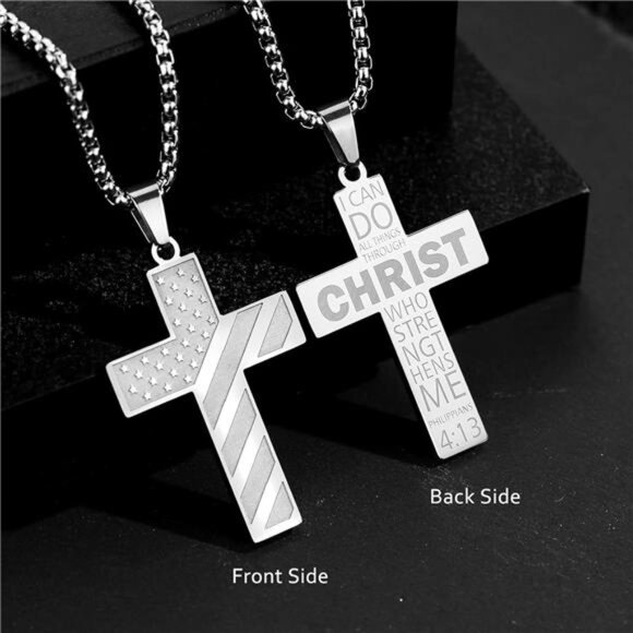 Silver American Flag Christ Cross Necklace Men Stainless Steel Box Chain 22 inch - Picture 2 of 7